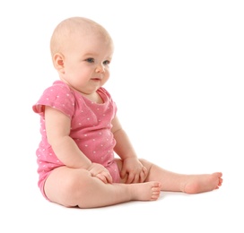 Photo of Cute little baby on white background. Crawling time