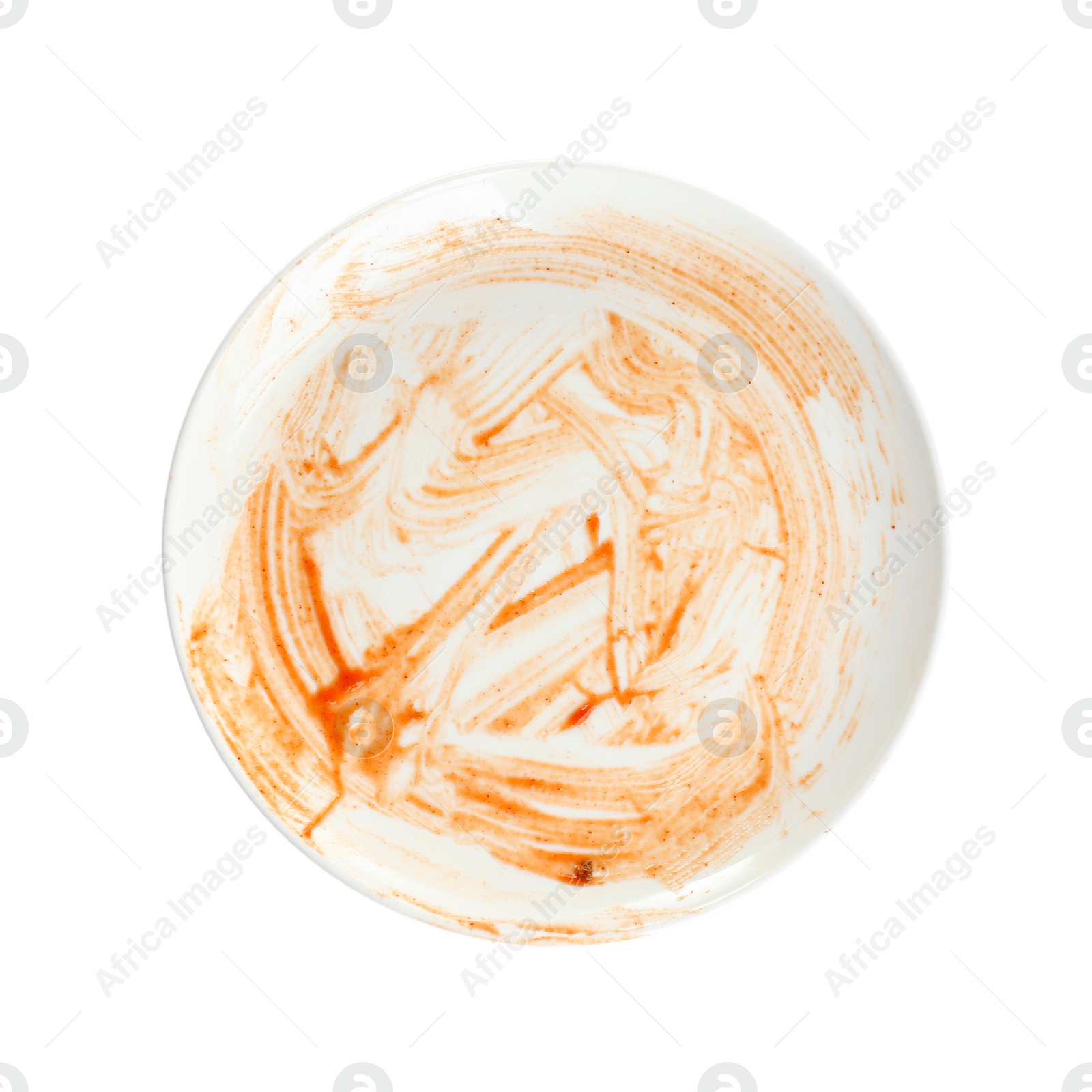 Photo of Dirty dish on white background, top view. Household chores