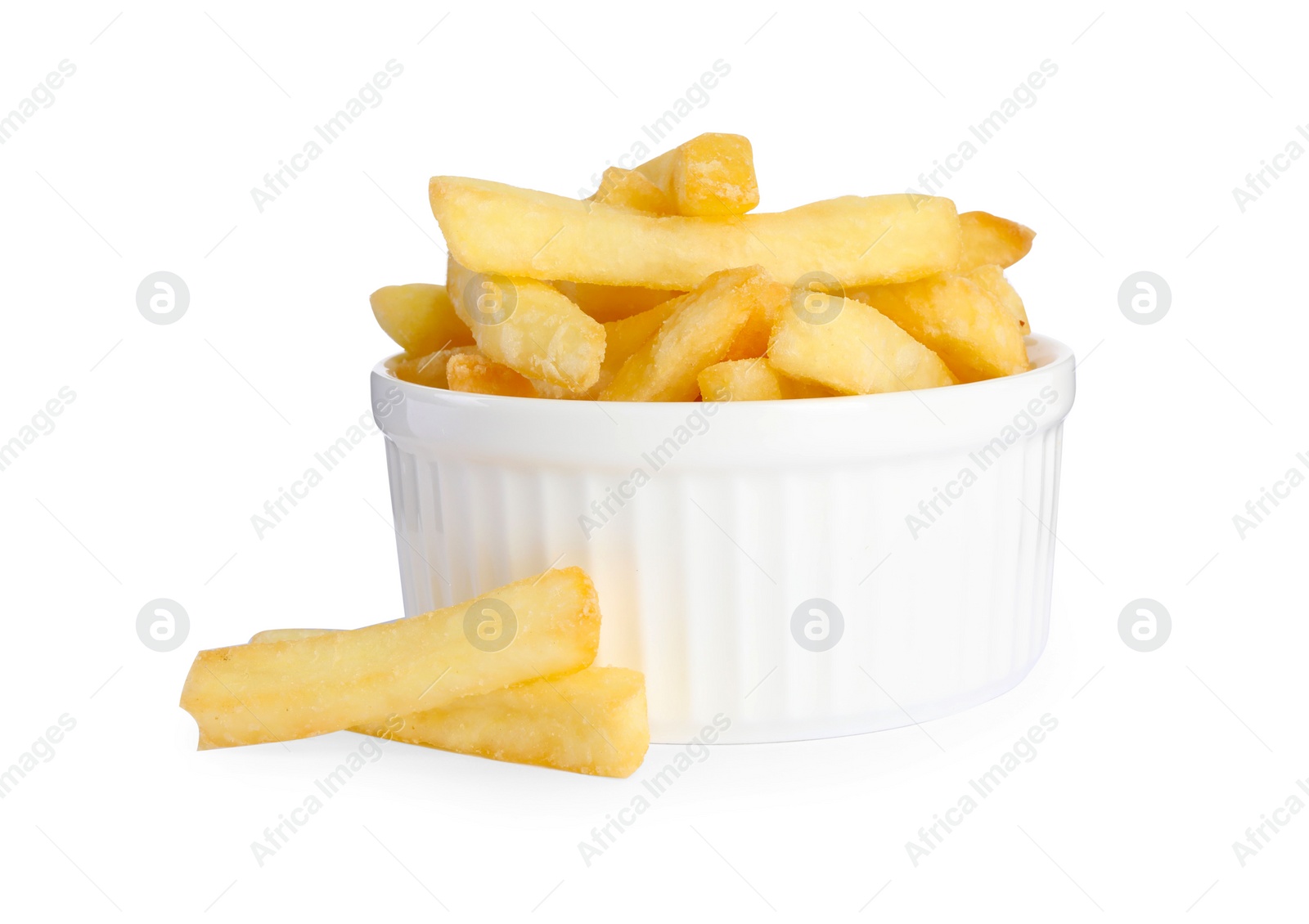 Photo of Bowl with delicious french fries on white background