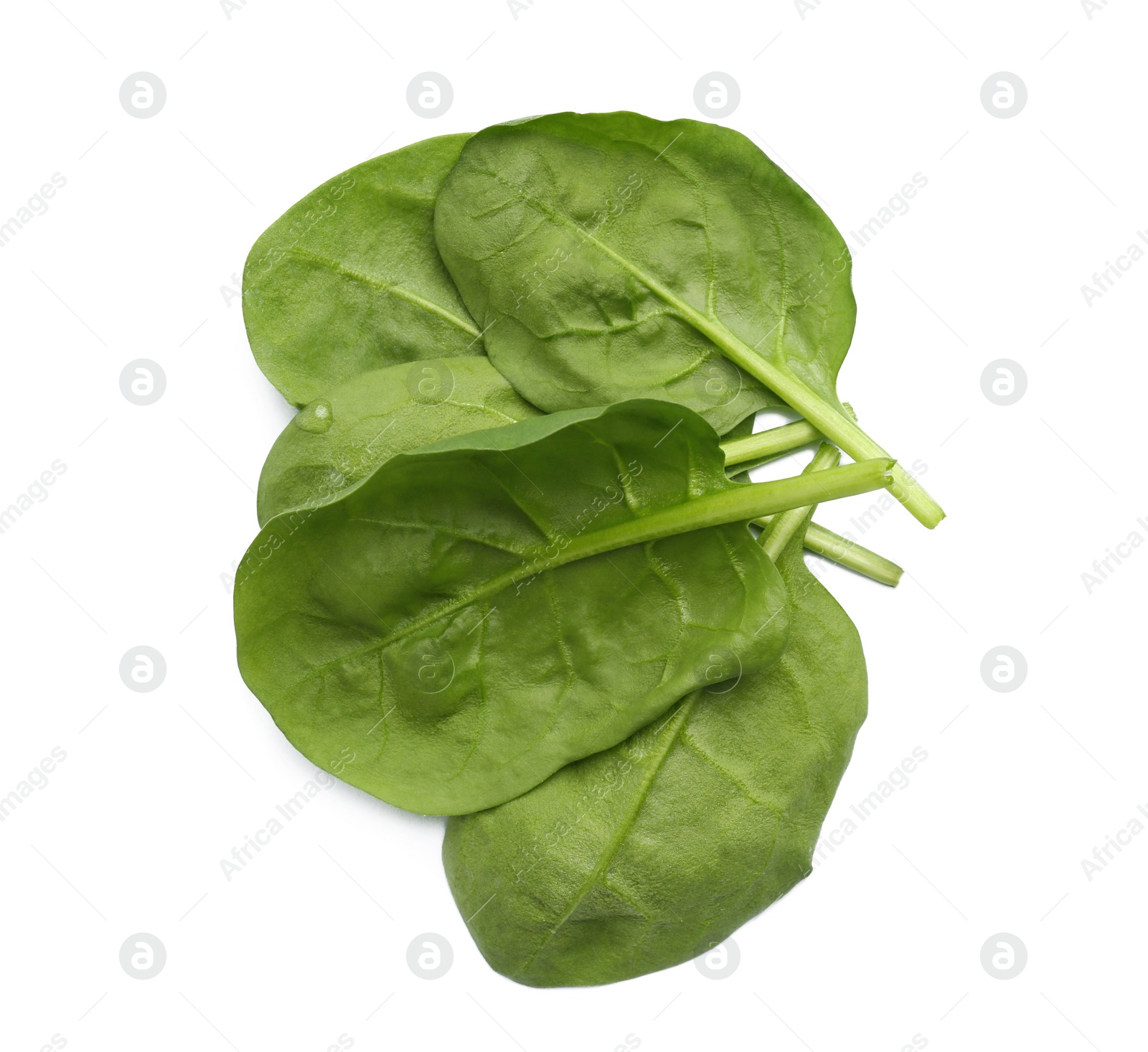 Photo of Pile of fresh spinach leaves isolated on white, top view