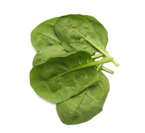 Pile of fresh spinach leaves isolated on white, top view