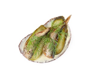 Photo of Delicious sandwich with smoked sprats, pickled cucumber and dill isolated on white, top view