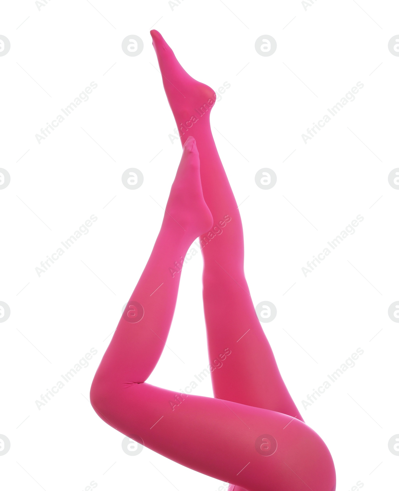 Photo of Woman wearing pink tights on white background, closeup of legs