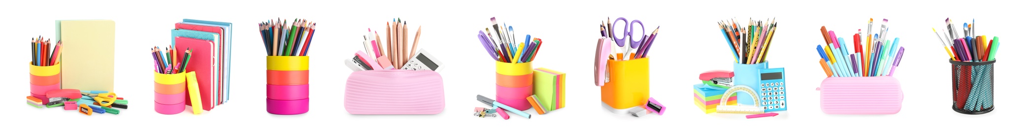 Image of Set of bright school stationery on white background, banner design