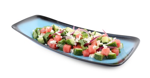 Delicious salad with watermelon, vegetables and feta cheese isolated on white