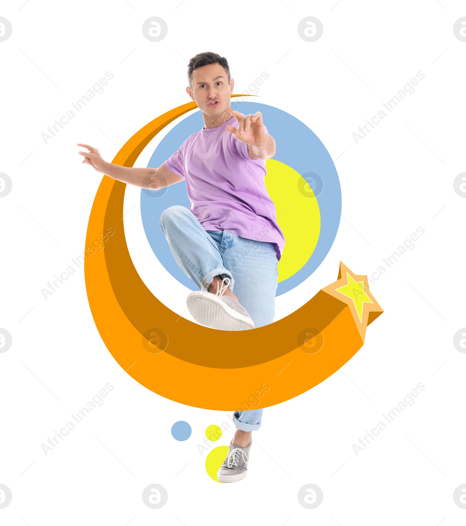 Image of Happy young man dancing on white background. Bright stylish design