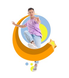 Image of Happy young man dancing on white background. Bright stylish design