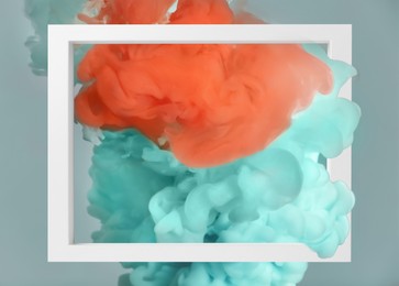 Image of Splashes of colorful ink and frame on grey background