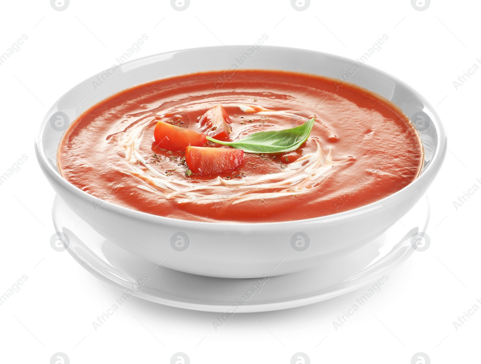 Photo of Dish with tomato cream soup on white background. Healthy food