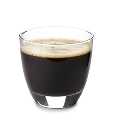 Glass with delicious coffee on white background