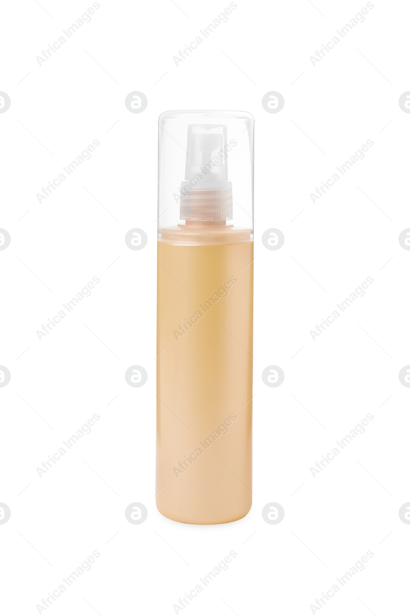 Photo of Spray bottle with hair thermal protection isolated on white