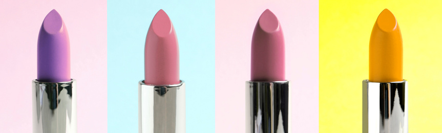 Image of Collage with photos of different lipsticks on color backgrounds, banner design 