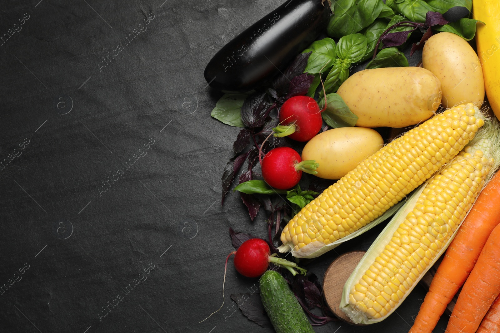 Photo of Many different vegetables on black table, flat lay. Space for text
