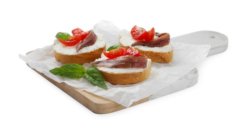 Photo of Delicious sandwiches with cream cheese, anchovies, tomatoes and basil on white background