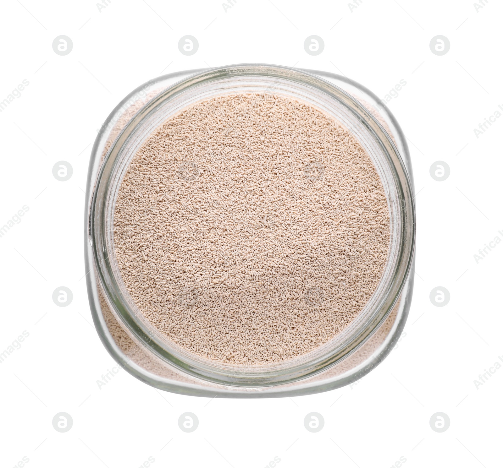 Photo of Jar with active dry yeast isolated on white, top view
