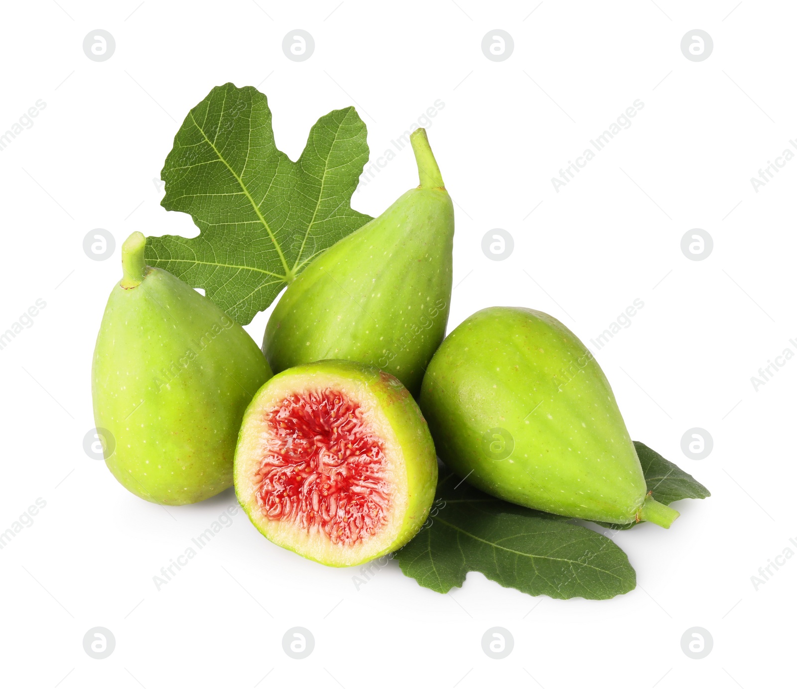 Photo of Cut and whole green figs with leaves isolated on white