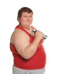 Photo of Portrait of overweight man with dumbbell on white background