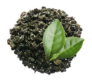 Dry green tea and fresh leaves on white background, top view