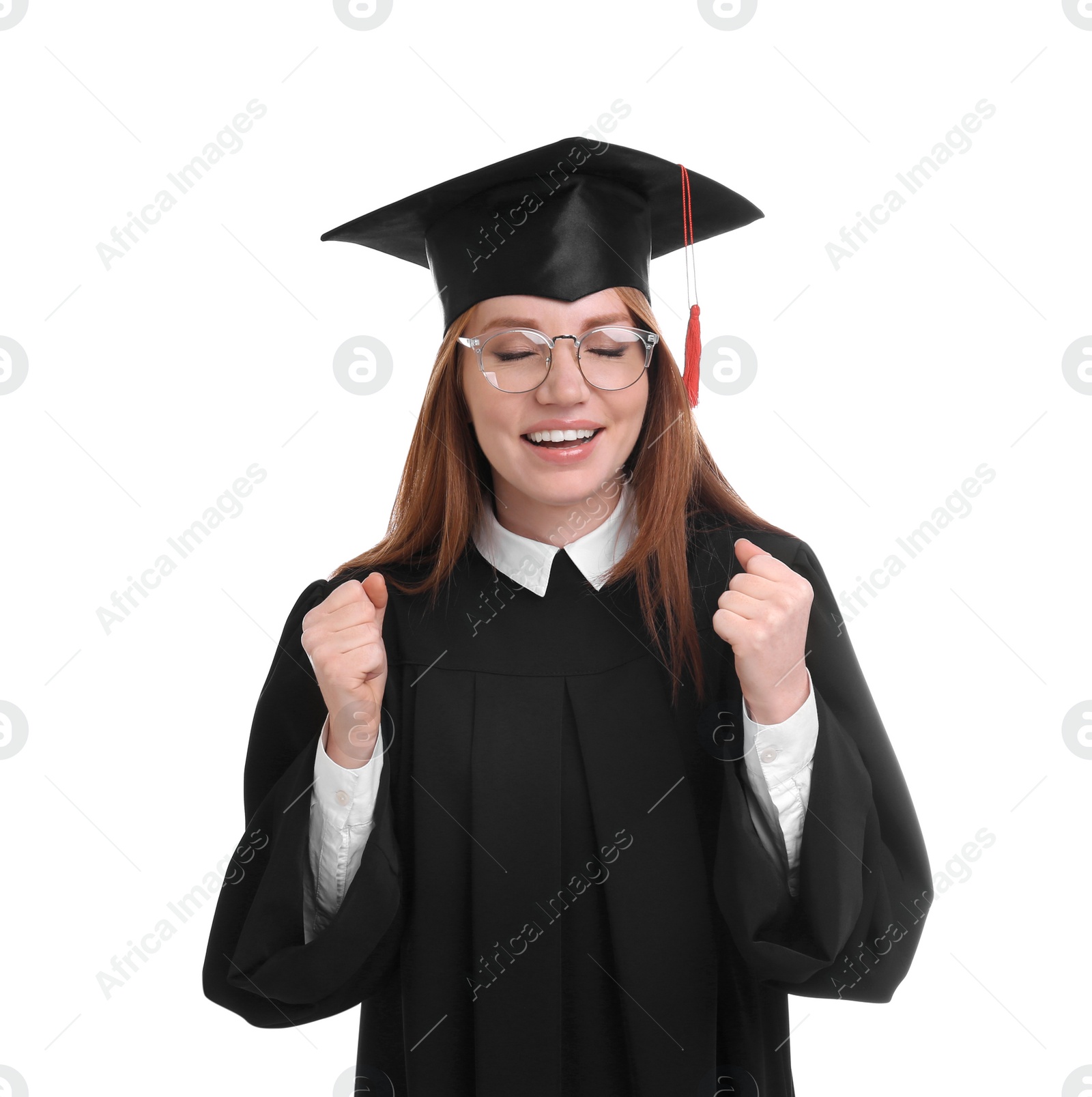 Photo of Happy student wearing graduation hat on white background