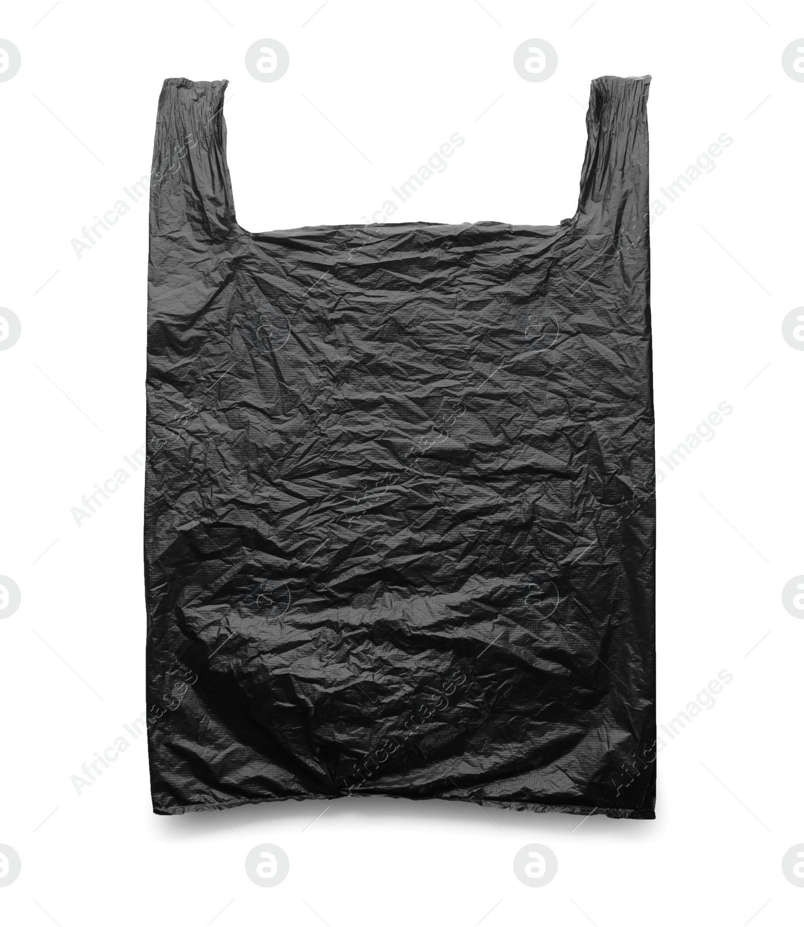 Photo of Black disposable plastic bag on white background