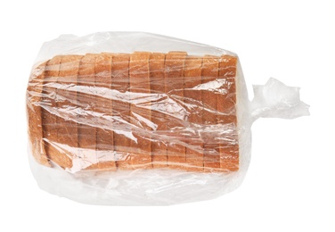 Photo of Sliced bread in plastic bag on white background, top view