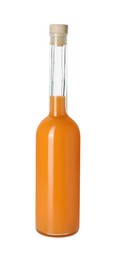 Bottle of tasty tangerine liqueur isolated on white