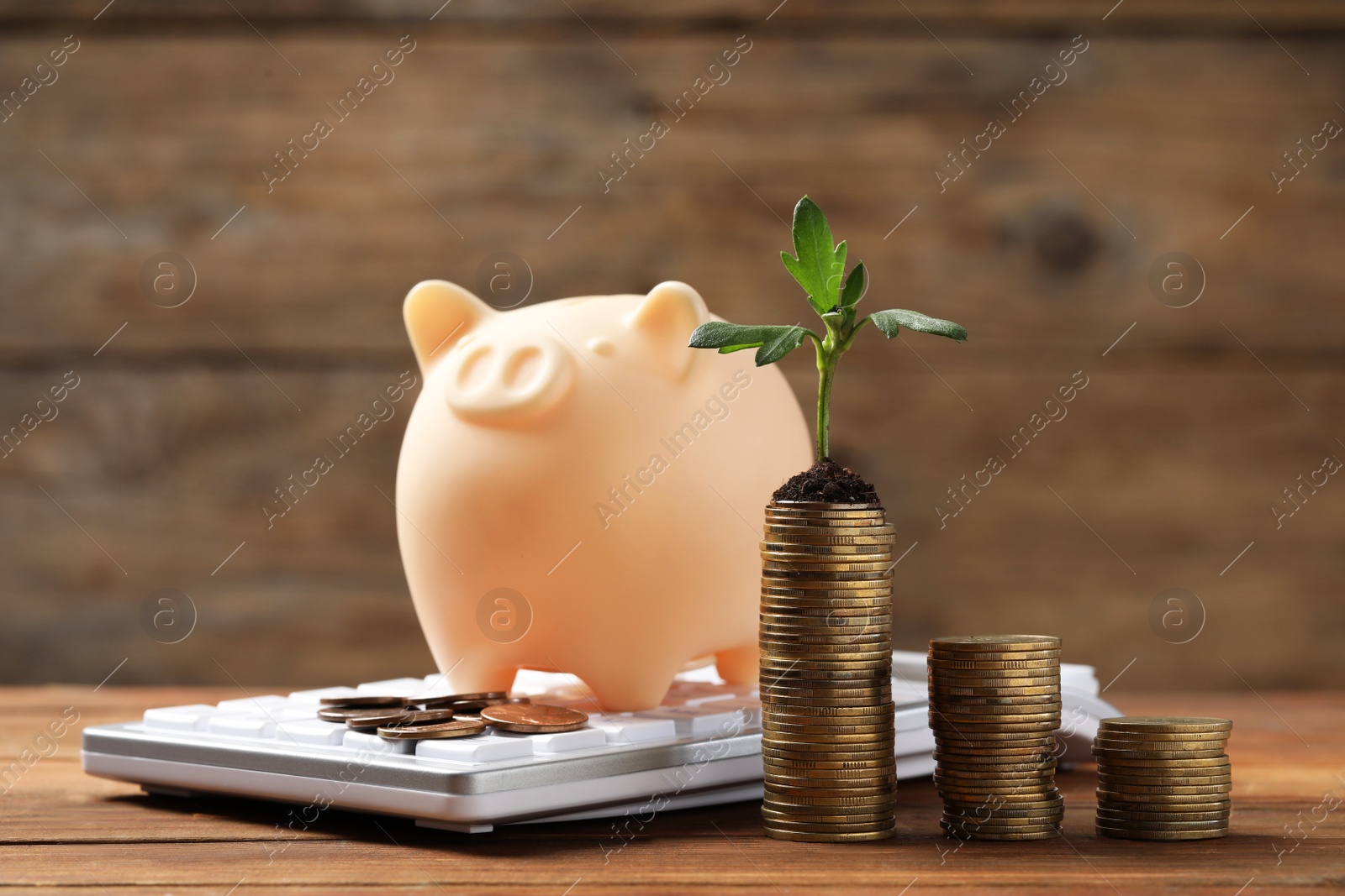 Photo of Stacks of coins with green sprout, calculator and piggy bank on wooden table. Investment concept