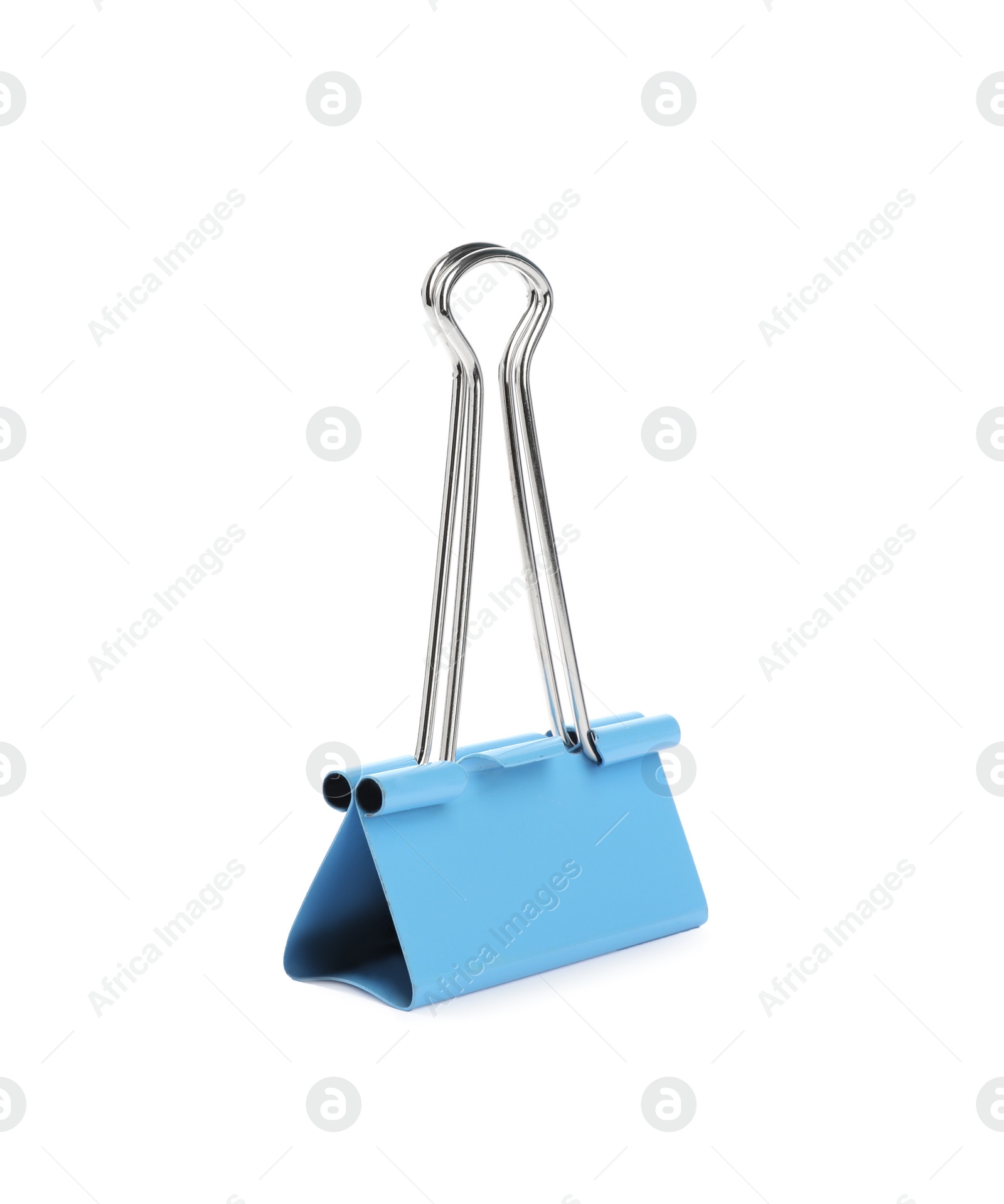 Photo of Light blue binder clip isolated on white. Stationery