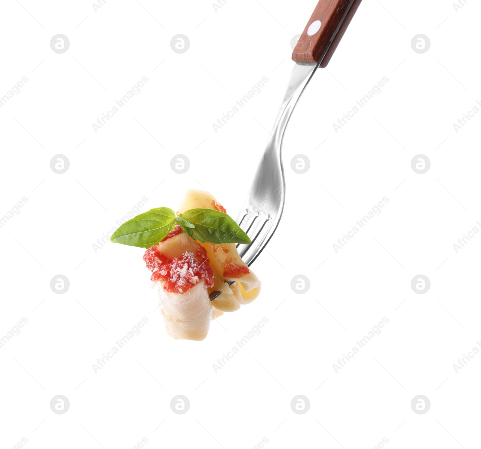 Photo of Delicious maltagliati pasta with tomato sauce on fork against white background