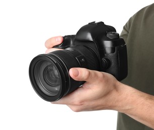 Photographer holding modern camera on white background, closeup