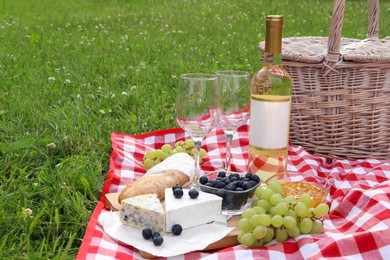 Photo of Picnic blanket with delicious food and wine outdoors on summer day