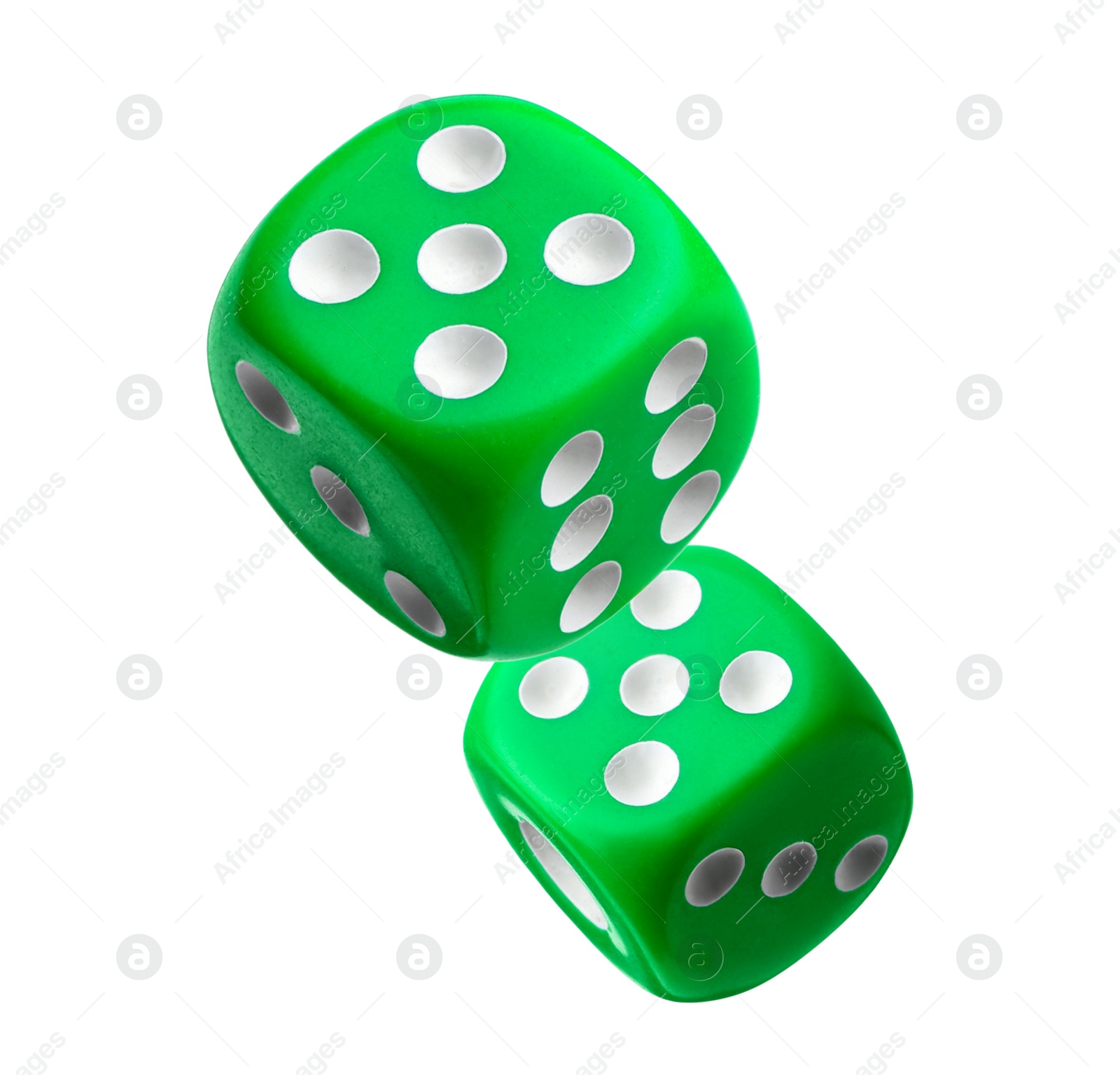 Image of Two green dice in air on white background