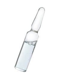 Glass ampoule with pharmaceutical product on white background