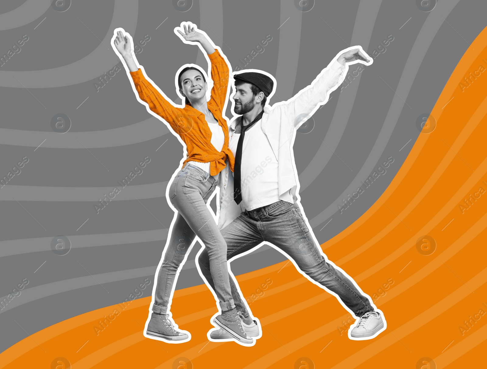 Image of Happy couple dancing on bright background. Creative collage with stylish man and woman. Concept of music, party, fashion, lifestyle