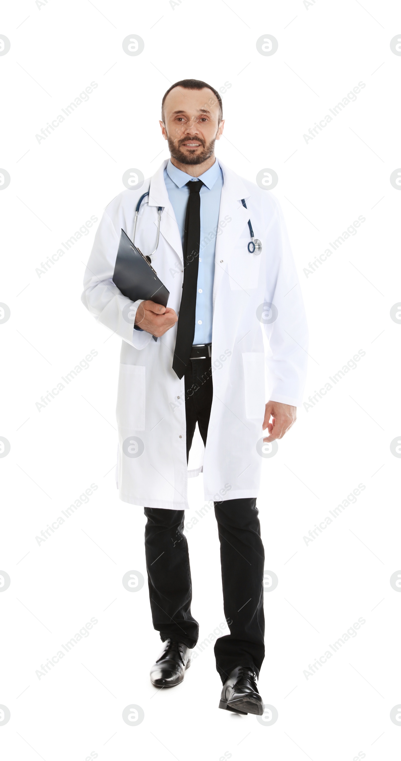 Photo of Full length portrait of male doctor with clipboard isolated on white. Medical staff