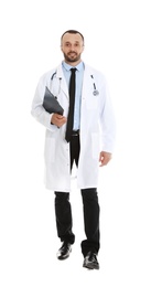 Photo of Full length portrait of male doctor with clipboard isolated on white. Medical staff