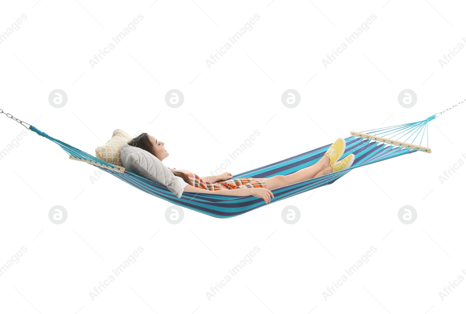 Photo of Woman sleeping in hammock on white background