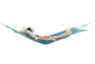 Photo of Woman sleeping in hammock on white background