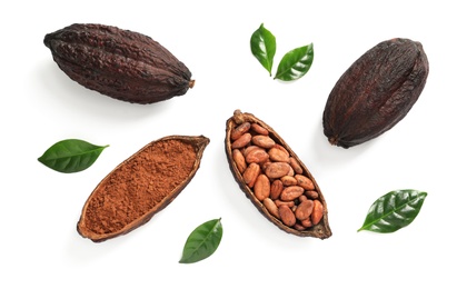 Photo of Composition with cocoa products on white background, top view