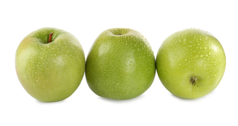 Photo of Fresh juicy green apples with water drops isolated on white