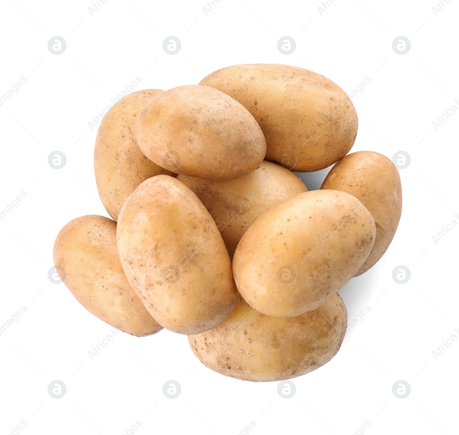 Photo of Fresh ripe organic potatoes on white background, top view