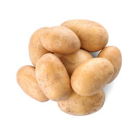 Photo of Fresh ripe organic potatoes on white background, top view