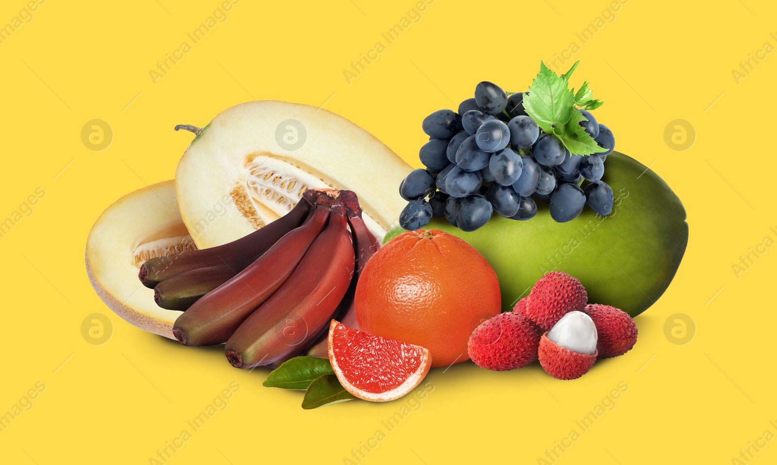 Image of Many different fresh fruits on yellow background