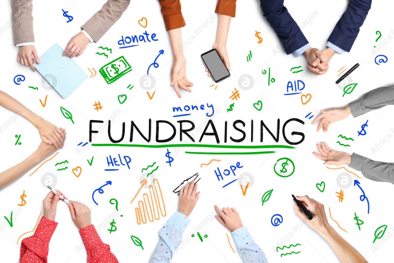 Image of Fundraising themed words and icons on white background, top view. People working together, closeup