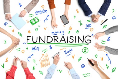 Fundraising themed words and icons on white background, top view. People working together, closeup