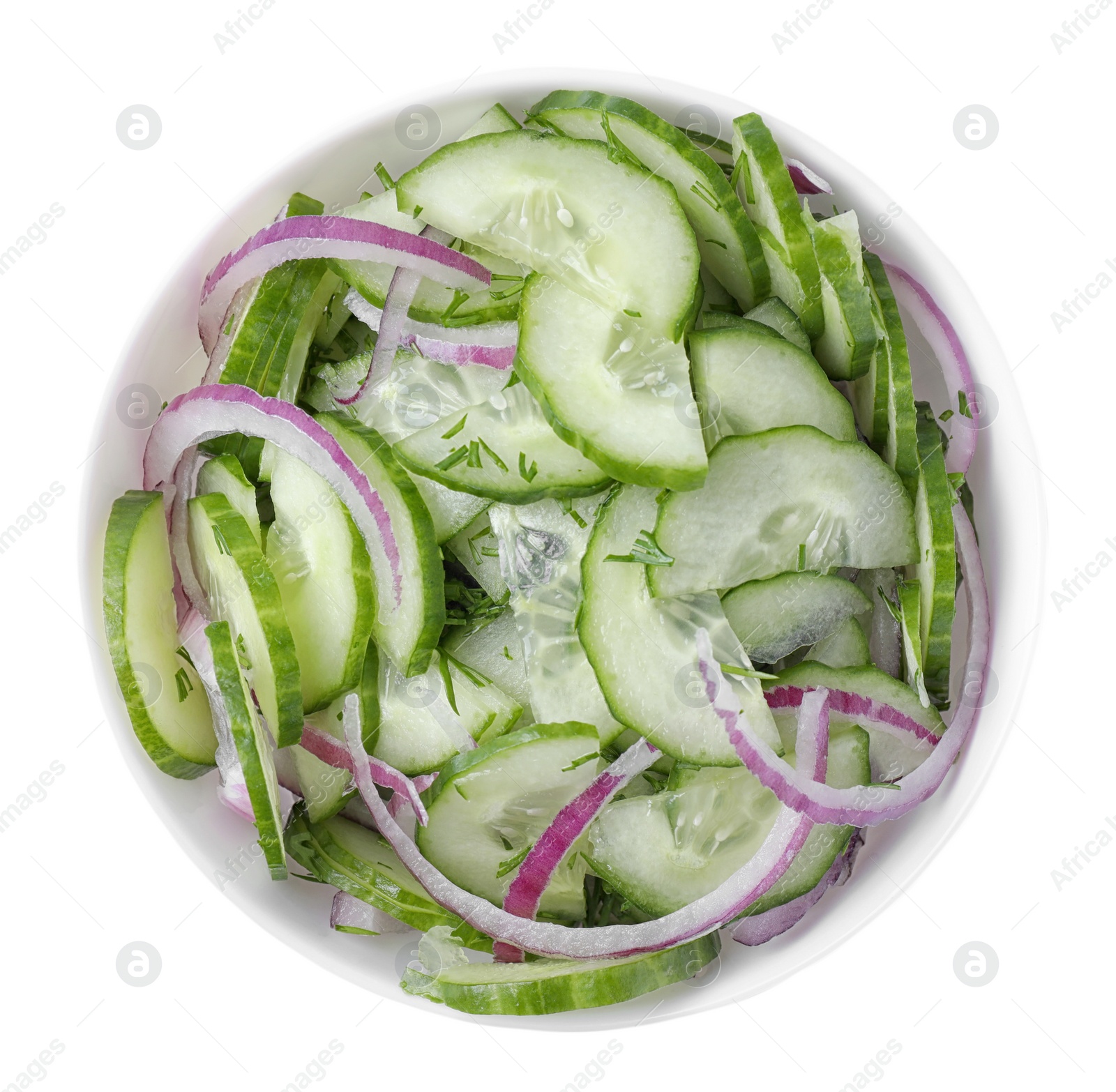 Photo of Fresh tasty salad with cucumber in bowl on white background, top view