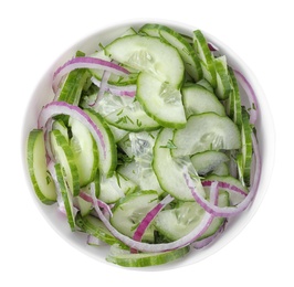 Fresh tasty salad with cucumber in bowl on white background, top view