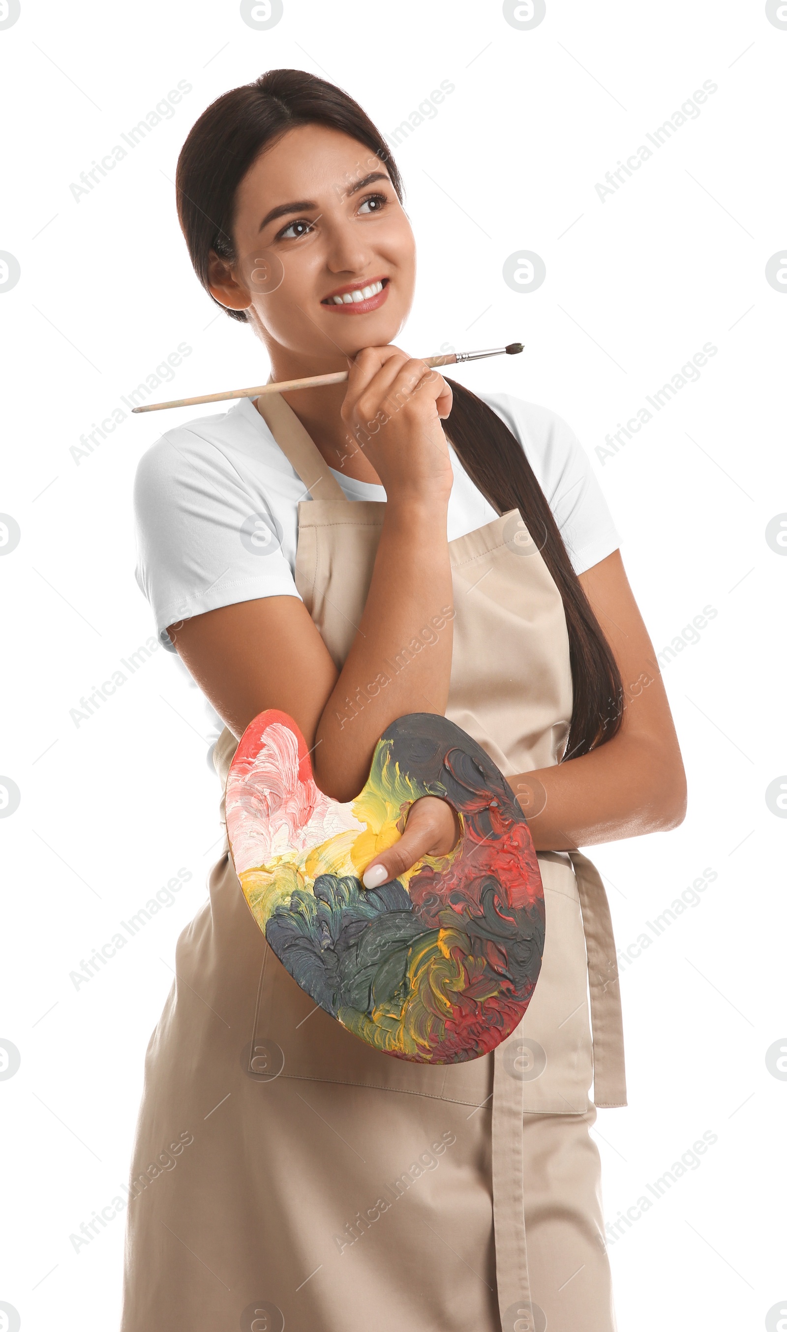 Photo of Young woman with drawing tools on white background