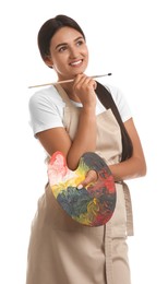 Young woman with drawing tools on white background