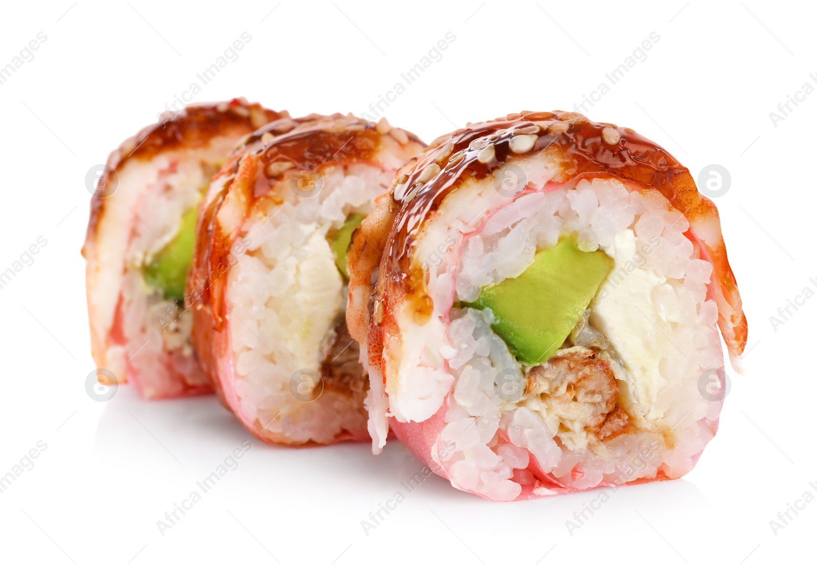 Photo of Delicious fresh sushi rolls with shrimp on white background